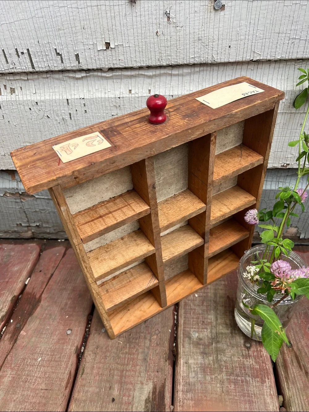 Wooden Wall Shelf Organizer with Red Knob - letterpress style handmade